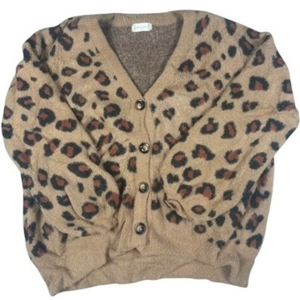Altard State Womens Leopard Print Fuzzy Knit Cardigan Sweater Tan Brown Medium
